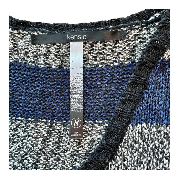 Kensie Womens V-Neck Sweater Blue Gray Black Striped Long Sleeve Pullover S - Picture 7 of 9
